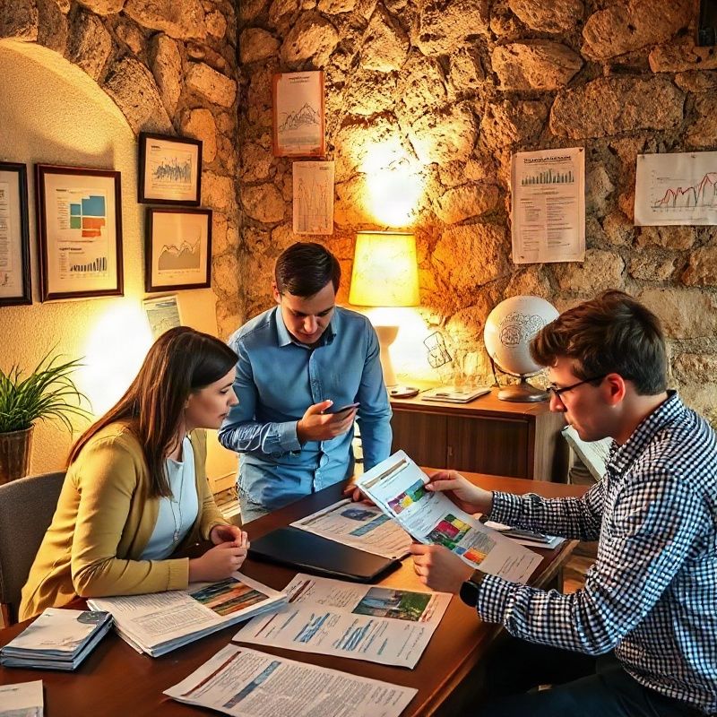 Mali novinarski tim pregledava tiskane grafikone u kamenim prostorima uredništva u Puli